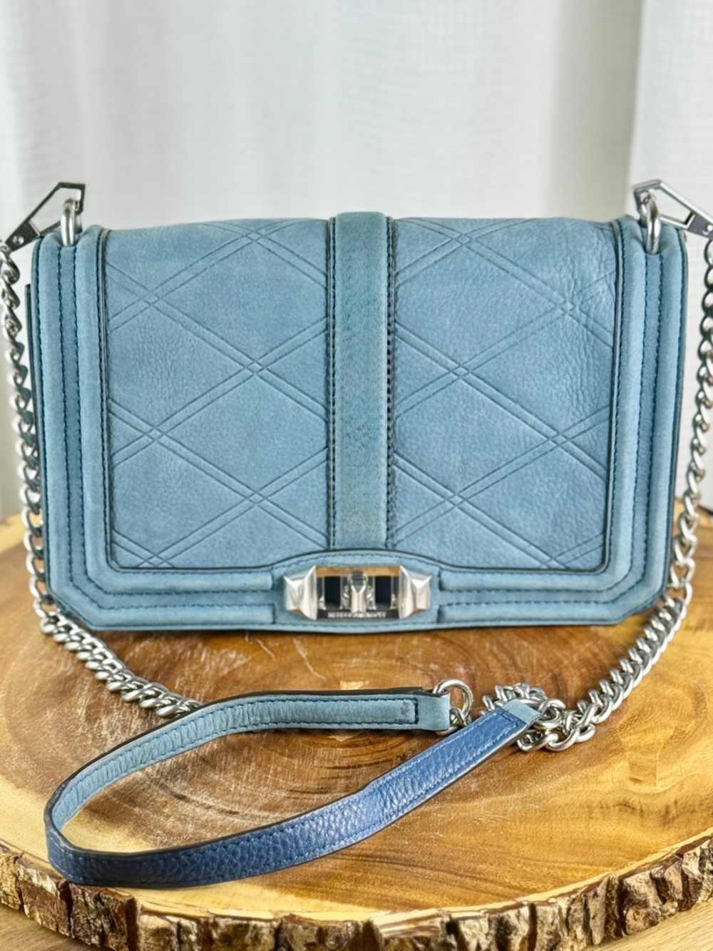 Rebecca Minkoff Love Crossbody Bag Blue Quilted Leather Silver Chain NWT